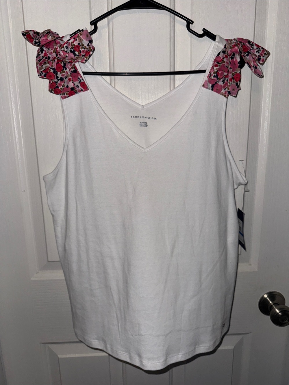 Tommy Hilfiger White V-Neck Tank with Pink Floral Tie Straps